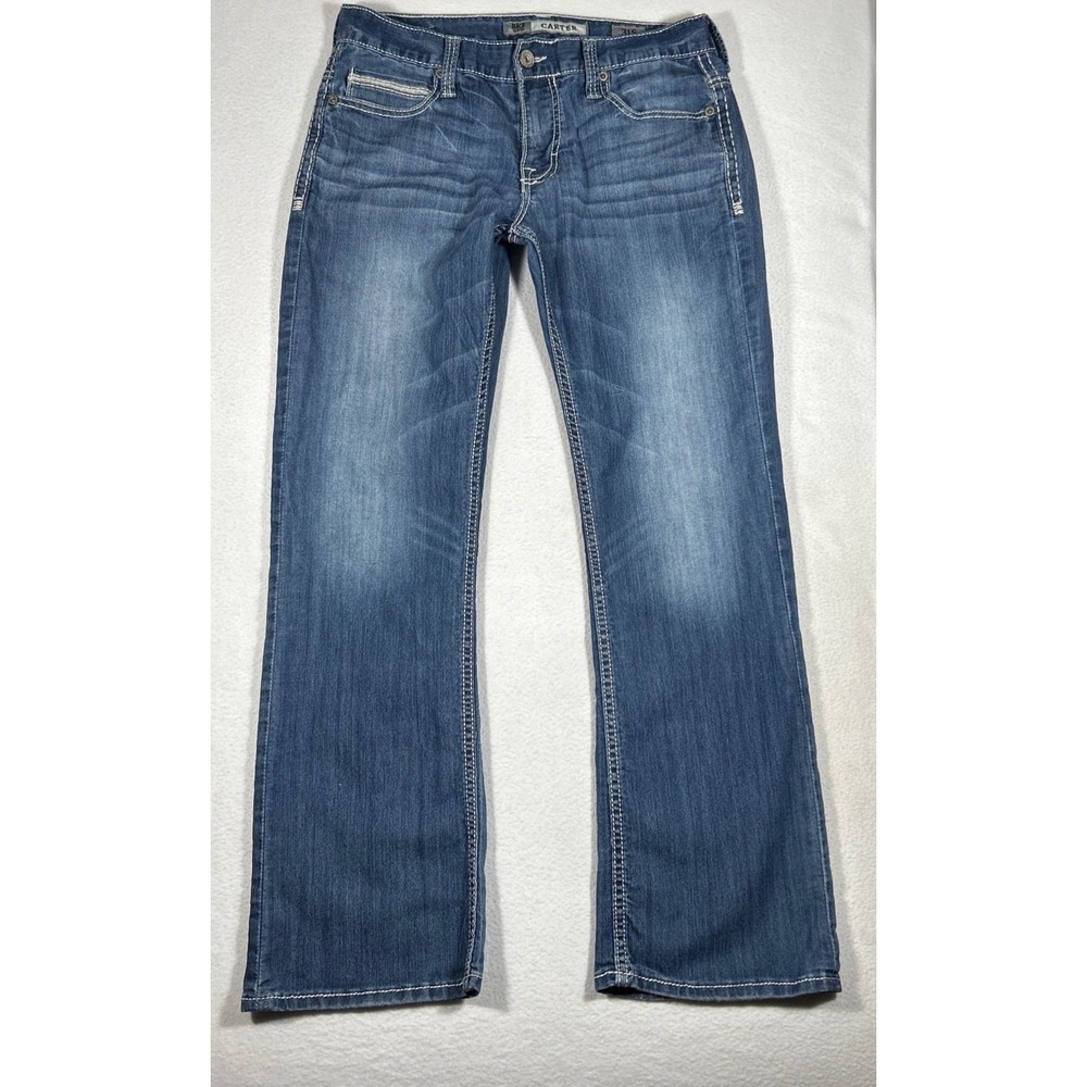 Buckle BKE Carter Straight Blue Jeans 31S (31x28) Whiskered Preppy Smart Casual
